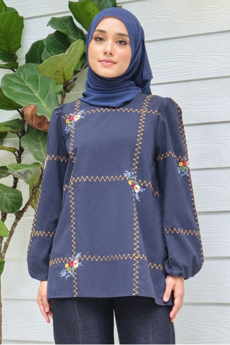 Rhythm Puff Shoulder Blouse - Graphite Blue