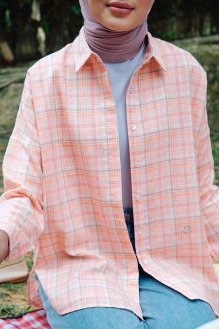 Wolfson Front Button Shirt - Peach Check