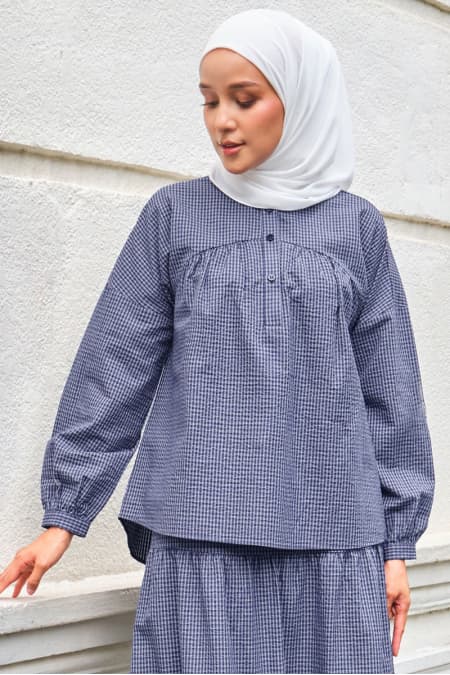 Sycamore Henley Blouse - Navy Check