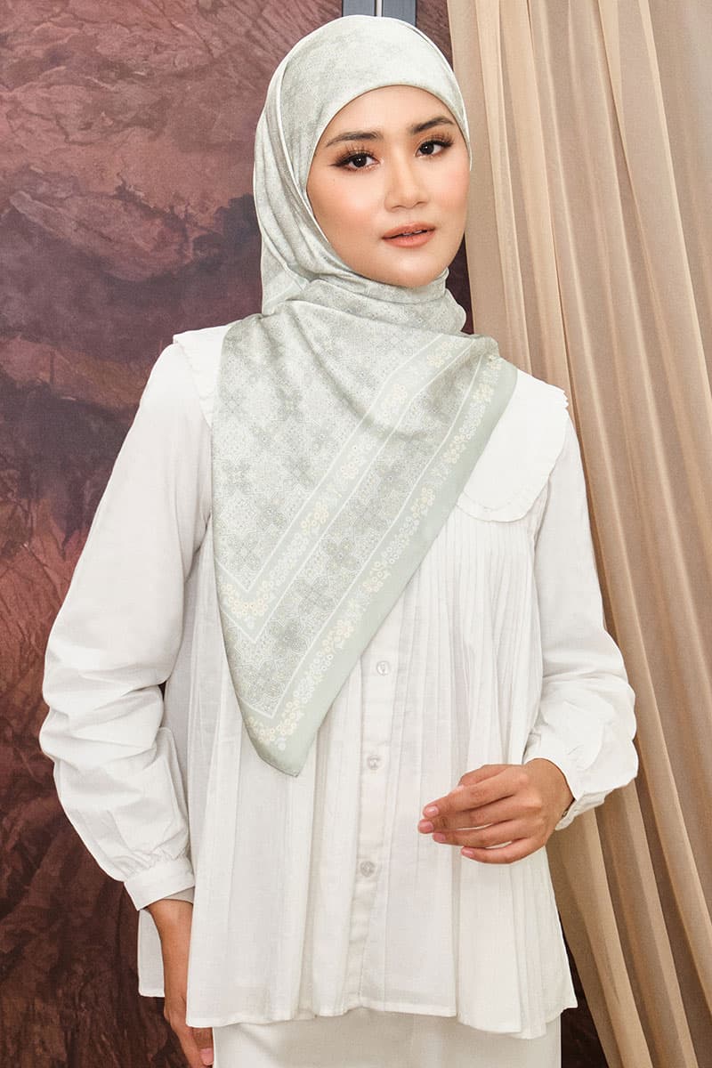 Tasneem Satin Square Headscarf - Frosty Green - Image 1