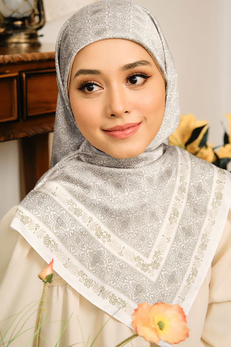 Tasneem Satin Square Headscarf - Nude/Fern - Image 1