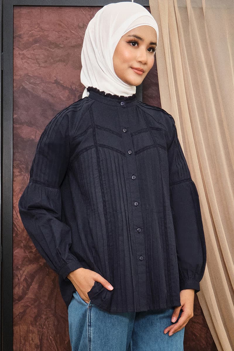 Layton Front Button Blouse - Graphite Blue - Image 1