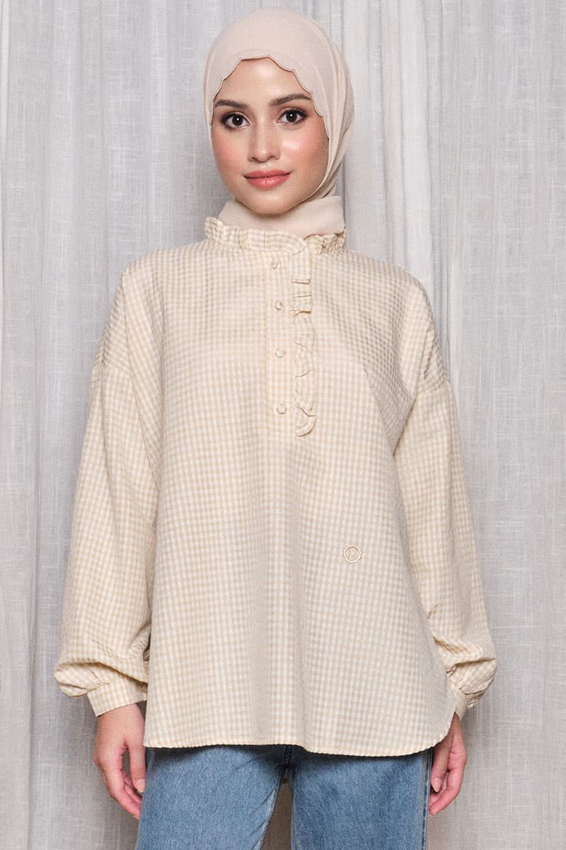 Rowan Henley Blouse - Beige Check - Image 1