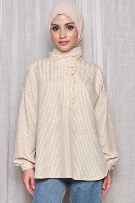 Rowan Henley Blouse - Beige Check