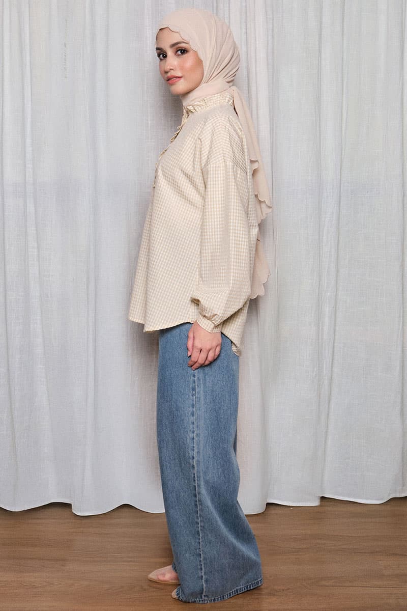 Rowan Henley Blouse - Beige Check - Image 3
