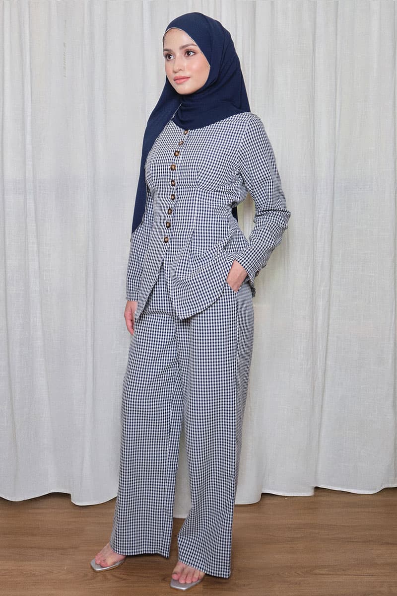 Douglas Wide Legged Pants - Navy Check - Image 3