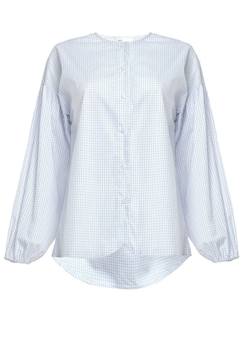 Fawn Front Button Blouse - White/Navy Grid - Image 2