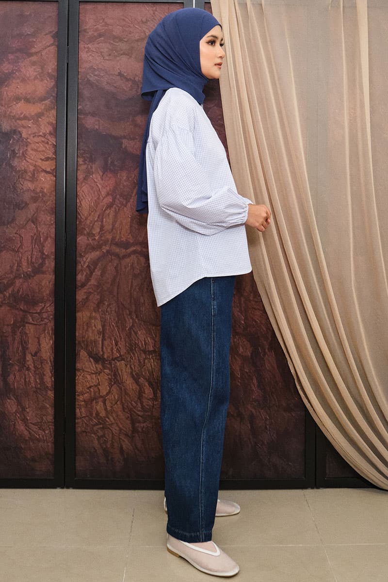 Fawn Front Button Blouse - White/Navy Grid - Image 3