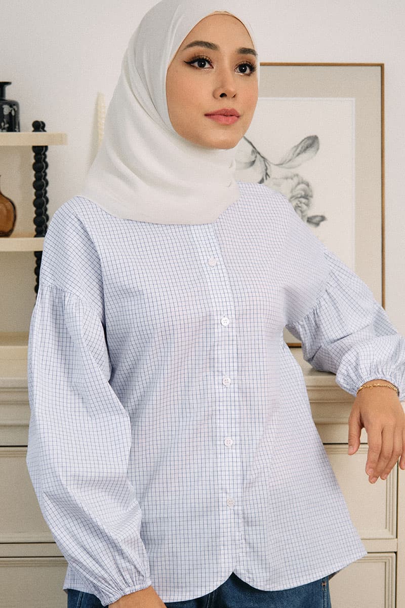 Fawn Front Button Blouse - White/Navy Grid - Image 1