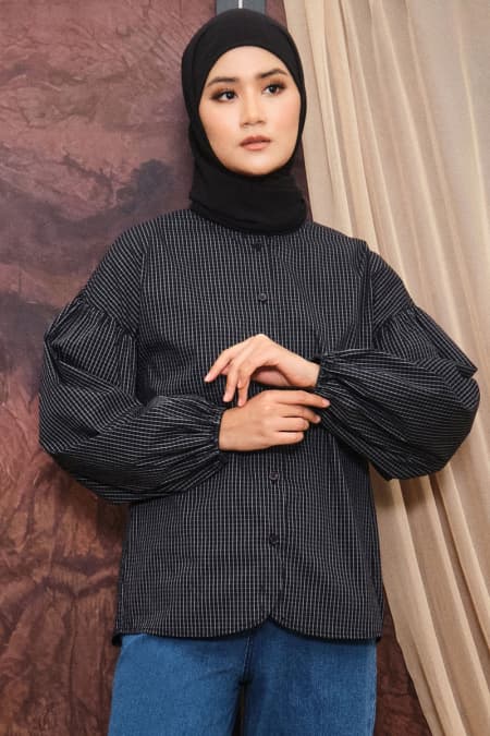 Fawn Front Button Blouse - Black/White Grid