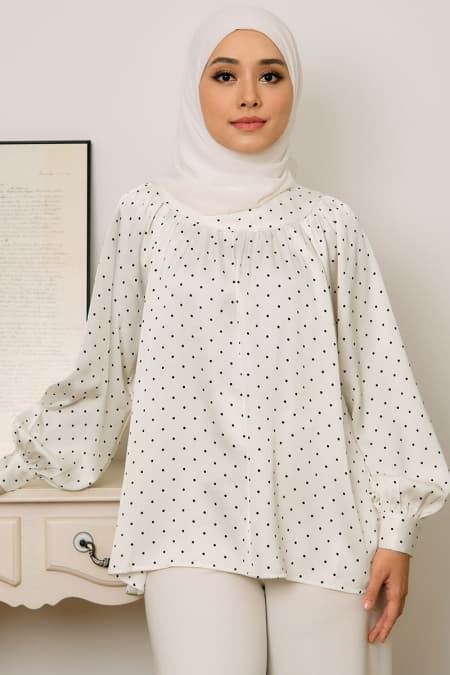 Bradley Flared Blouse - Cream Polka