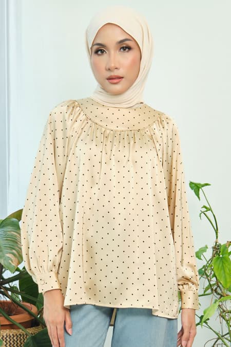 Bradley Flared Blouse - Beige Polka