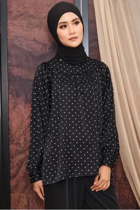 Bradley Flared Blouse - Black Polka