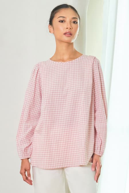 Linayah Flared Blouse - Pink Check