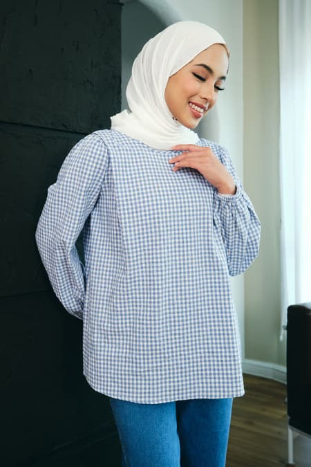 Linayah Flared Blouse - Blue Check