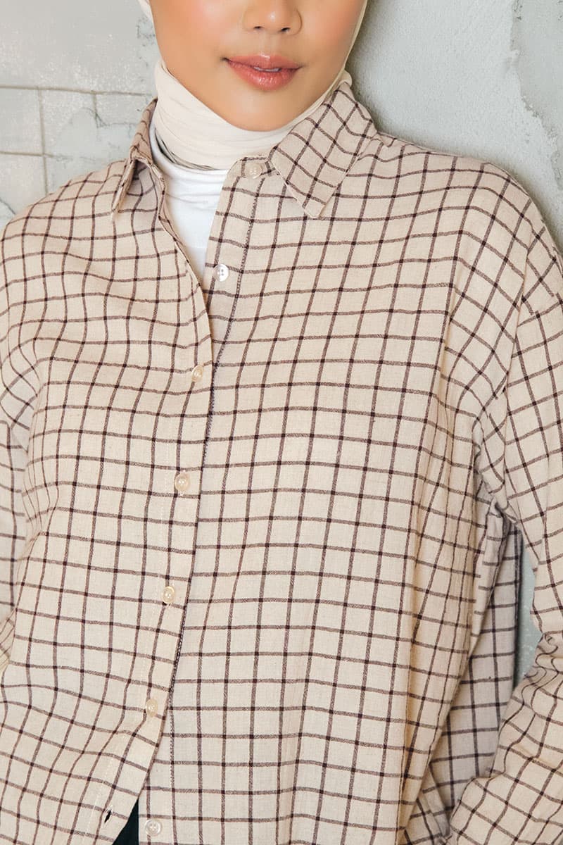 Rory Front Button Shirt - Beige Check - Image 1