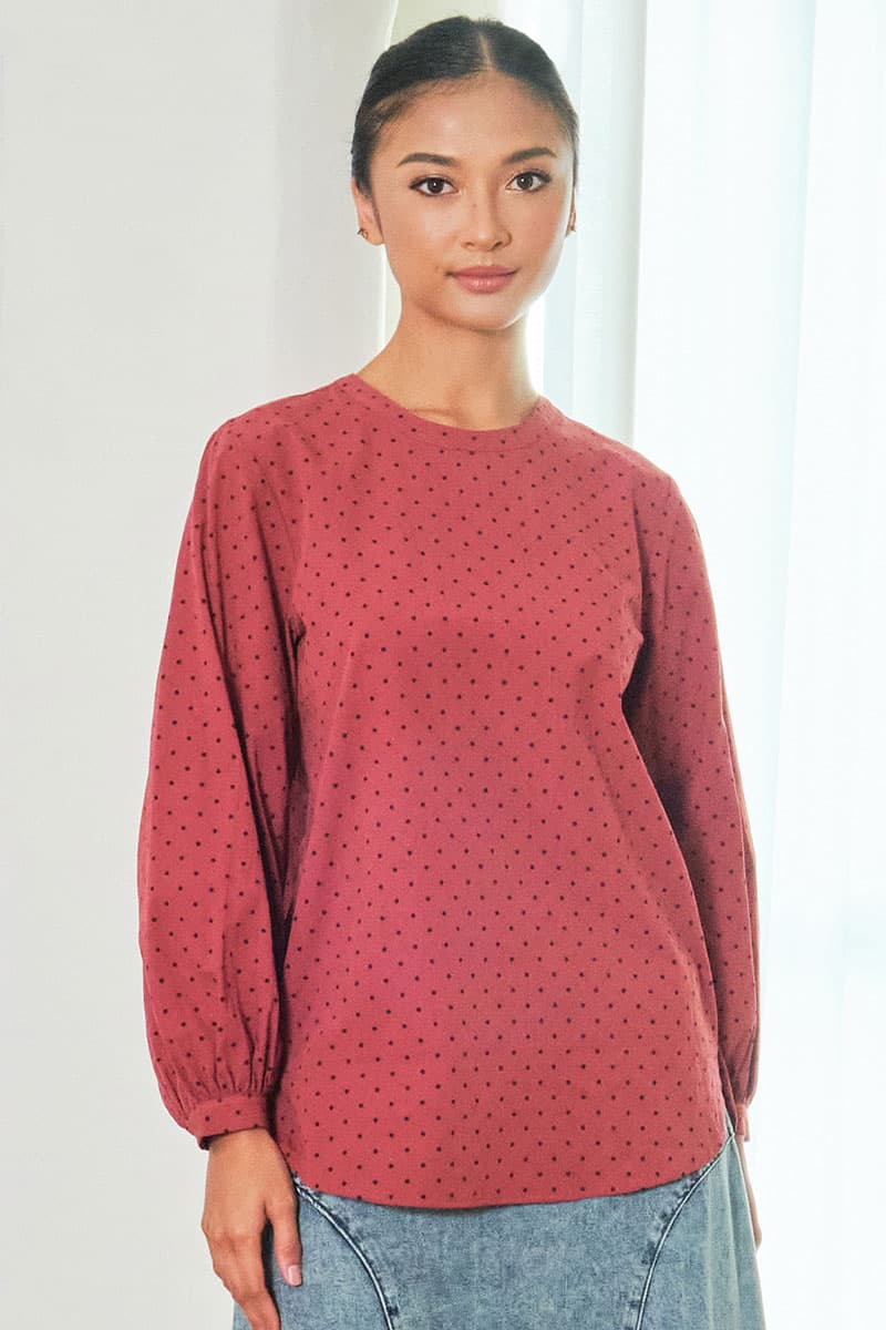 Merrick Curved Hem Blouse - Brick Polka - Image 1