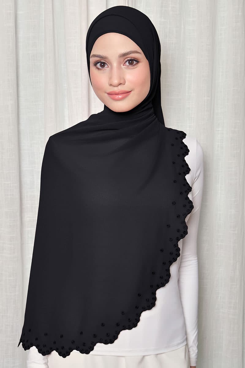 Aleandra Embroidered Scallop Headscarf - Black - Image 1