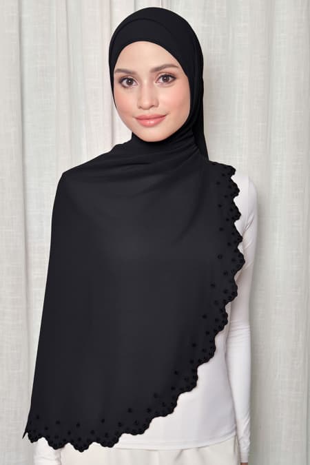 Aleandra Embroidered Scallop Headscarf - Black