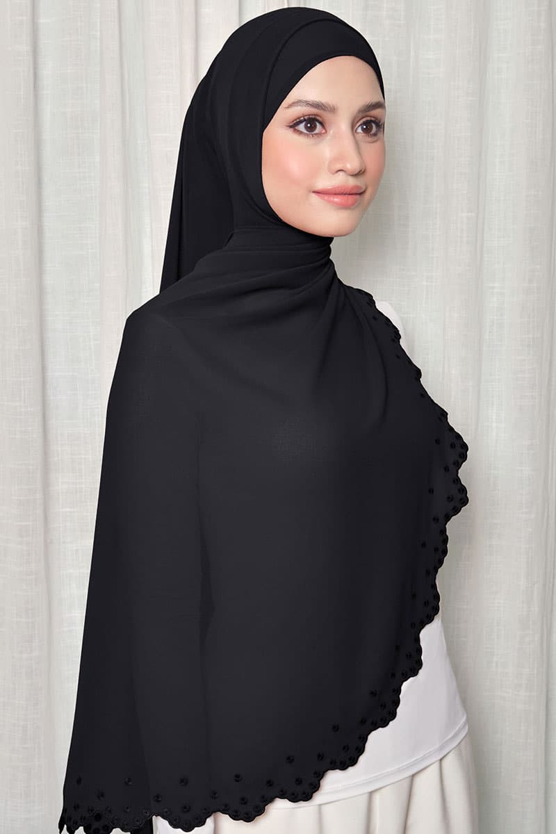 Aleandra Embroidered Scallop Headscarf - Black - Image 2