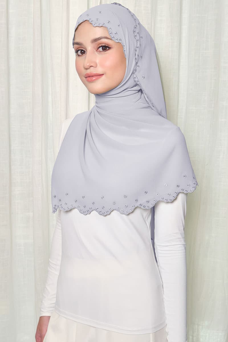 Aleandra Embroidered Scallop Headscarf - Light Grey - Image 2