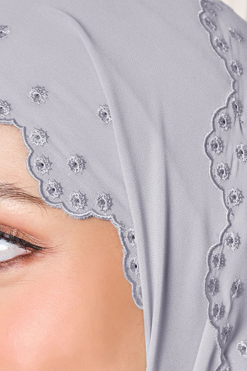 Aleandra Embroidered Scallop Headscarf - Light Grey - Image 3