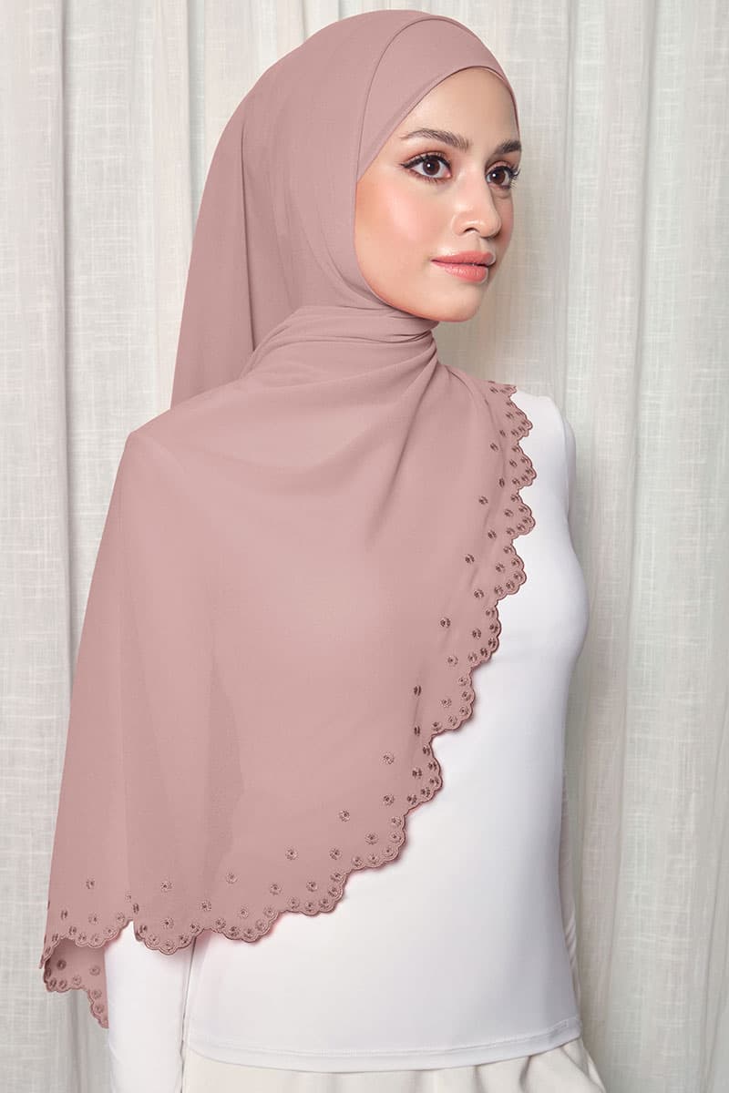 Aleandra Embroidered Scallop Headscarf - Brown Beige - Image 2