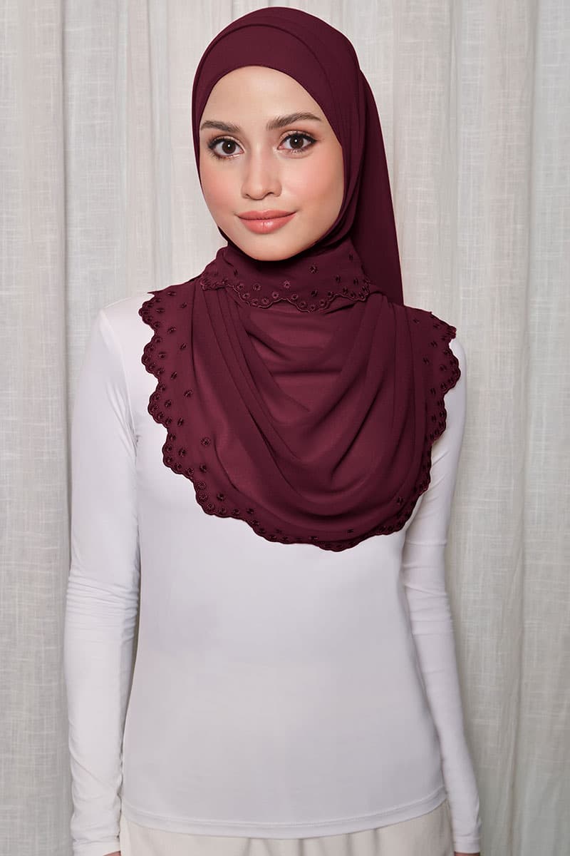 Aleandra Embroidered Scallop Headscarf - Burgundy - Image 1