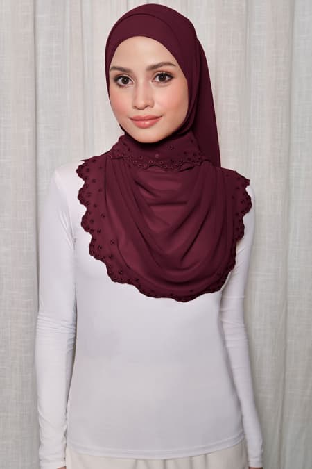 Aleandra Embroidered Scallop Headscarf - Burgundy