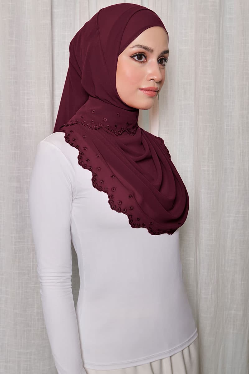 Aleandra Embroidered Scallop Headscarf - Burgundy - Image 2