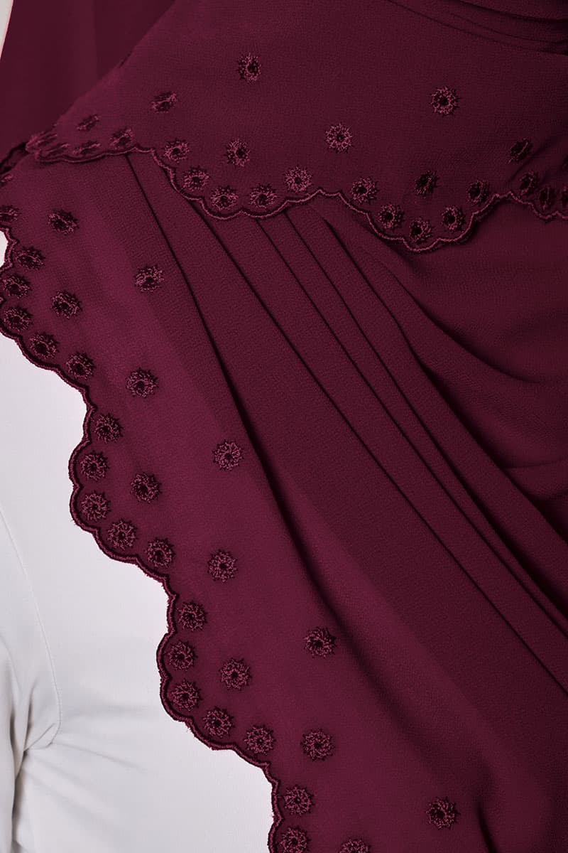 Aleandra Embroidered Scallop Headscarf - Burgundy - Image 3