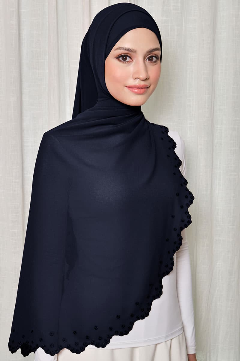 Aleandra Embroidered Scallop Headscarf - Graphite Blue - Image 2