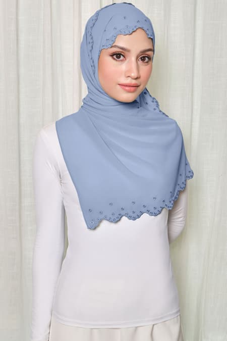 Aleandra Embroidered Scallop Headscarf - Blue Bell
