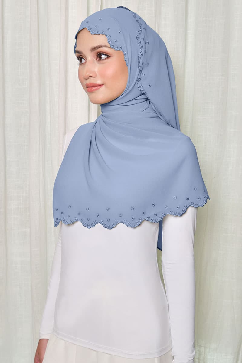 Aleandra Embroidered Scallop Headscarf - Blue Bell - Image 2