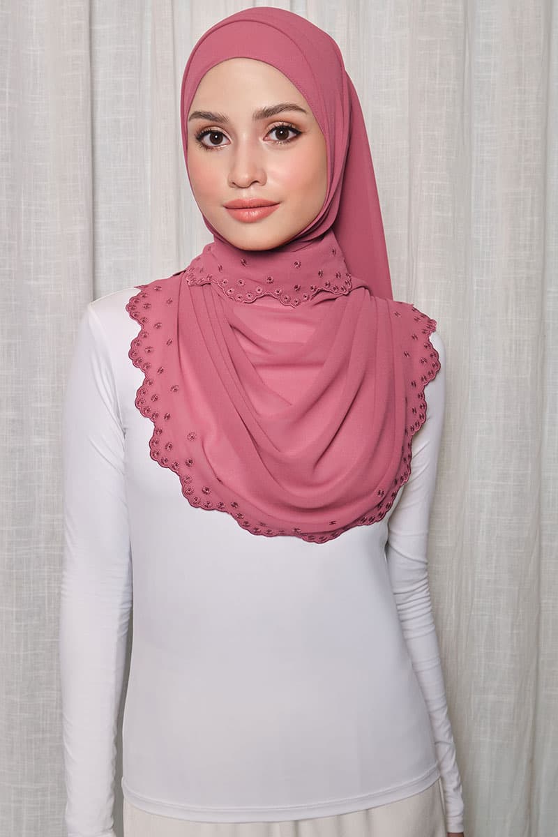 Aleandra Embroidered Scallop Headscarf - Desert Rose - Image 1