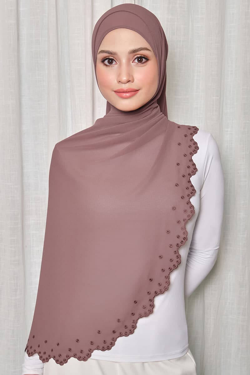 Aleandra Embroidered Scallop Headscarf - Cedarwood - Image 1