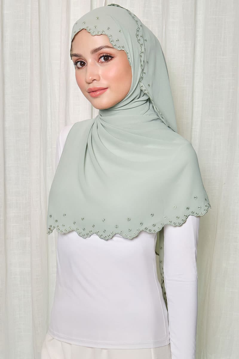 Aleandra Embroidered Scallop Headscarf - Seafoam - Image 2