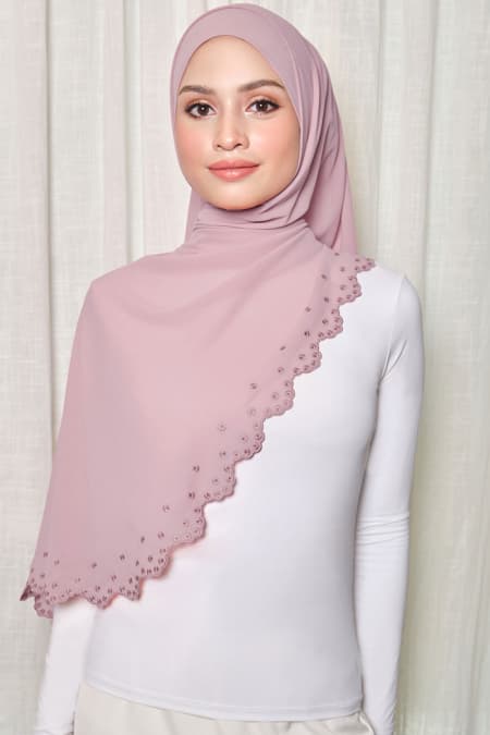 Aleandra Embroidered Scallop Headscarf - Pink Crepe