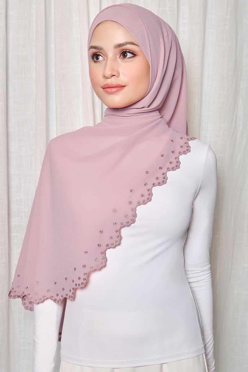 Aleandra Embroidered Scallop Headscarf - Pink Crepe - Image 2