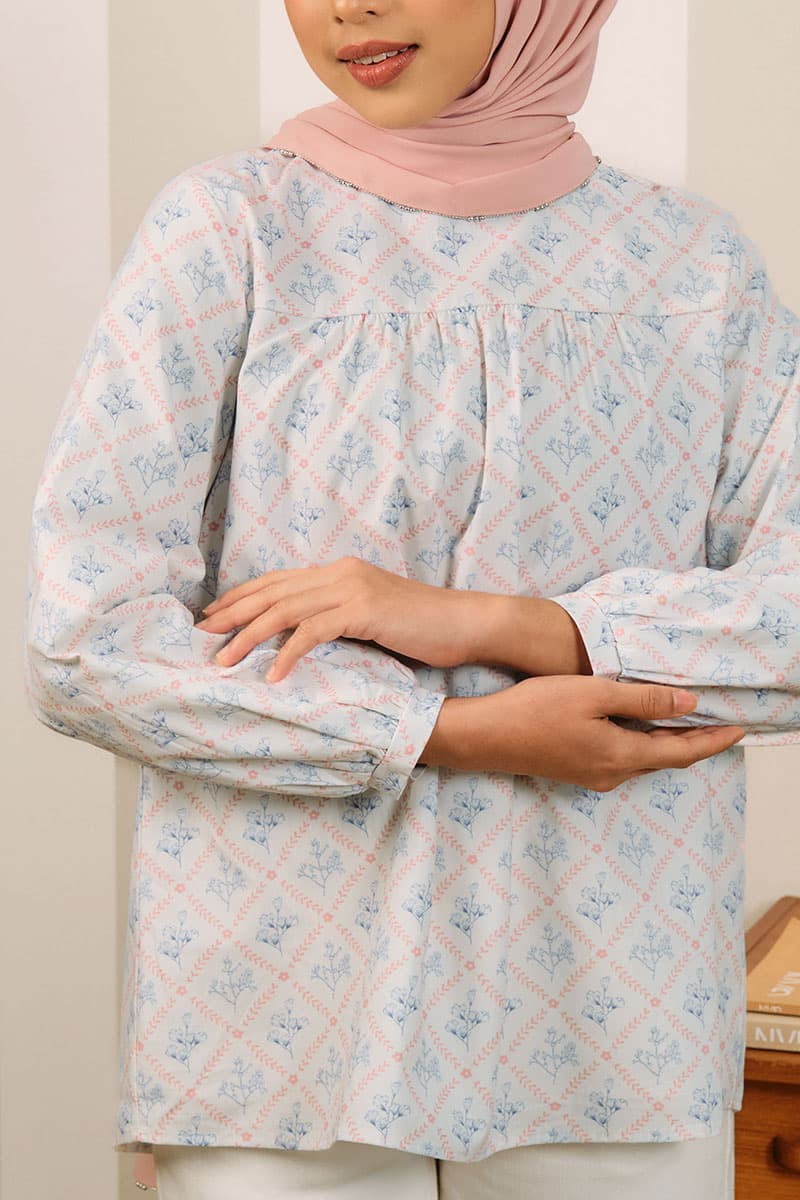 Zaheera Gathered Blouse - Pink/Blue Fleur - Image 1