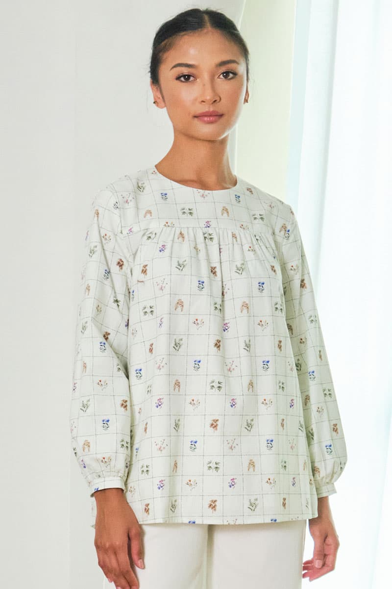 Zaheera Gathered Blouse - Cream/Green Botanical - Image 1