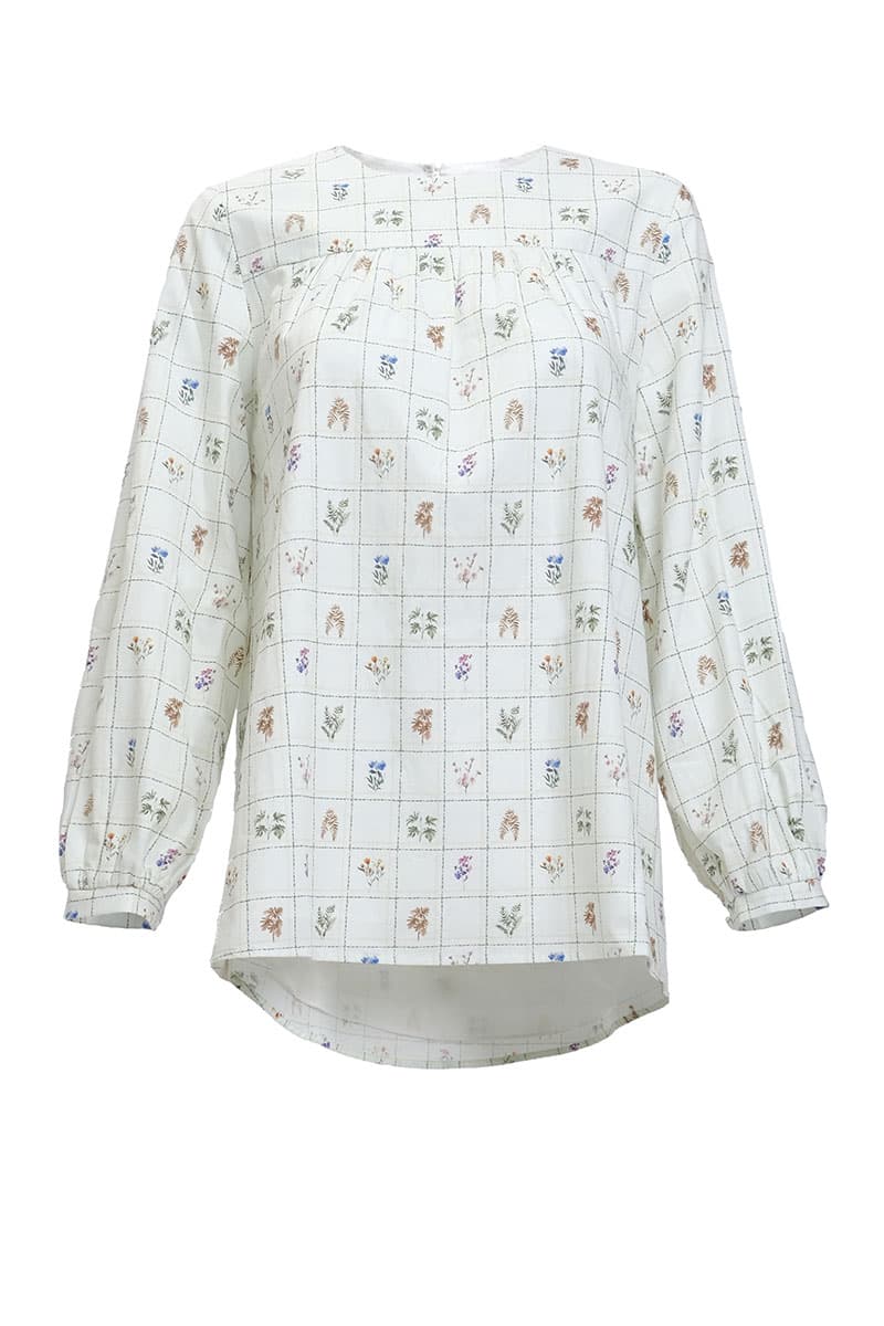 Zaheera Gathered Blouse - Cream/Green Botanical - Image 2