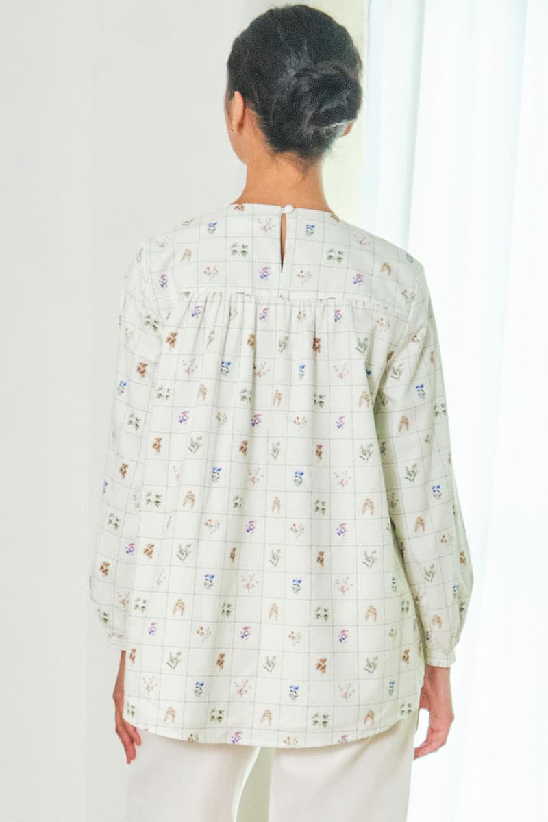 Zaheera Gathered Blouse - Cream/Green Botanical - Image 4