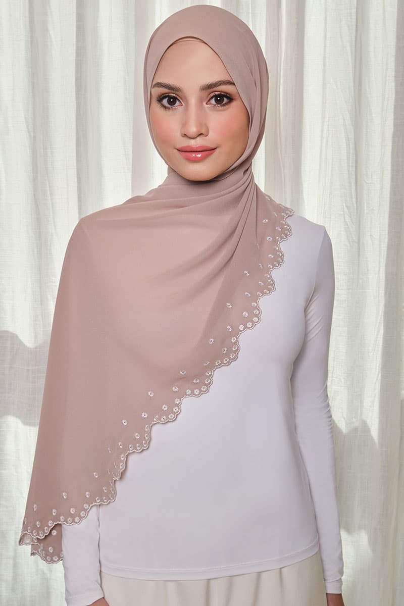 Aleandra Embroidered Scallop Headscarf - Sand/White - Image 1