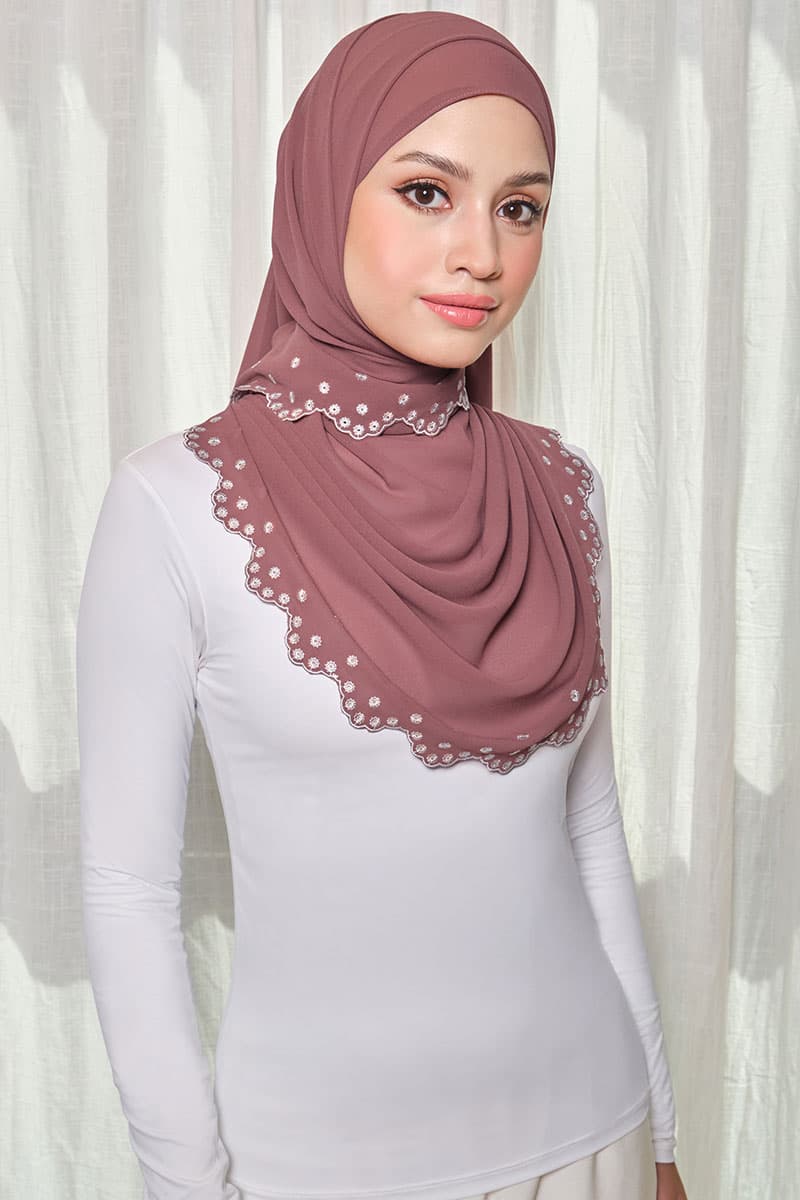 Aleandra Embroidered Scallop Headscarf - Dusty Cedar/White - Image 2
