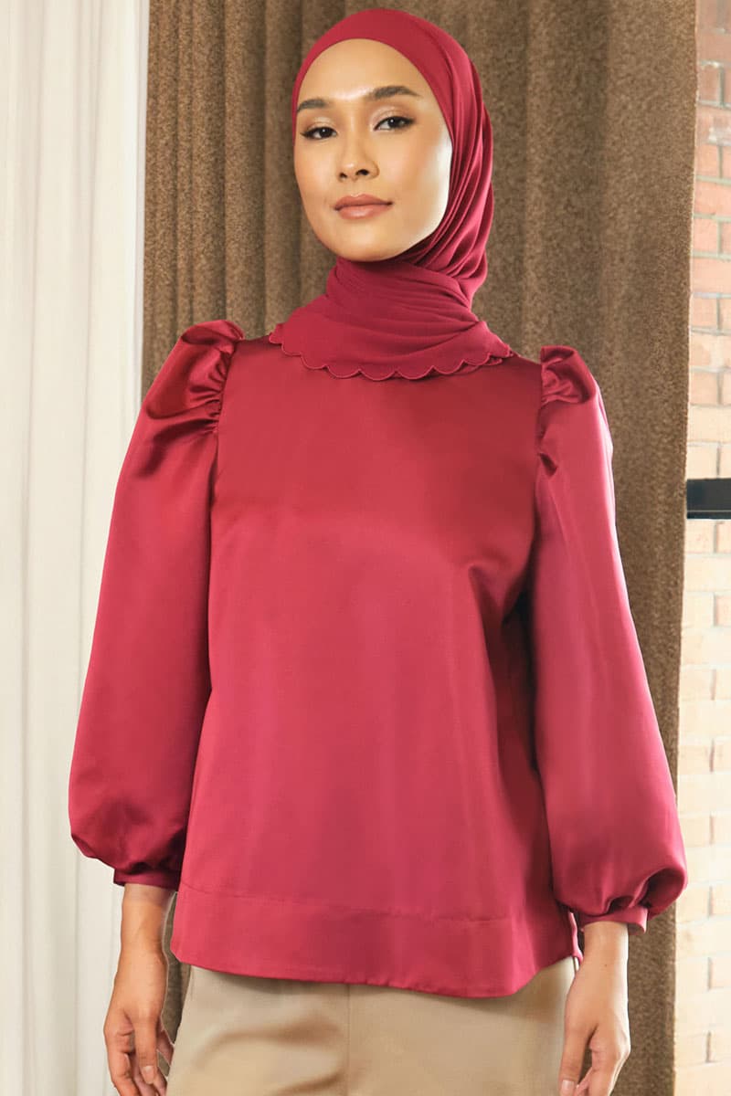 Bayley Puff Shoulder Blouse - Maroon - Image 1