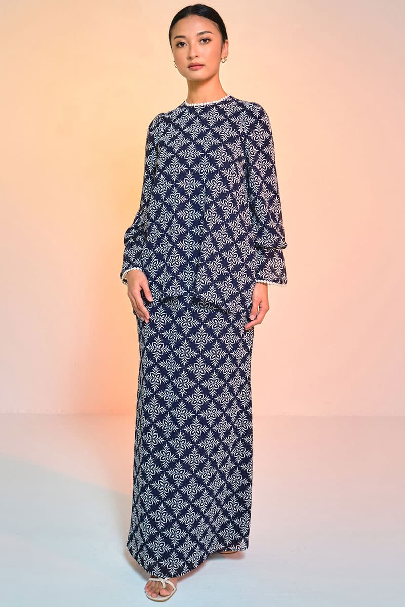 Fajar Blouse & Skirt - Midnight/Cream Damask - Image 1