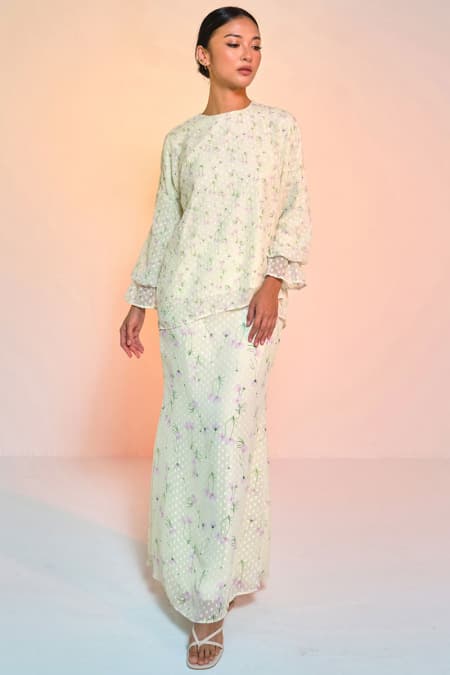 Suria Blouse & Skirt - Lime/Lilac Flower