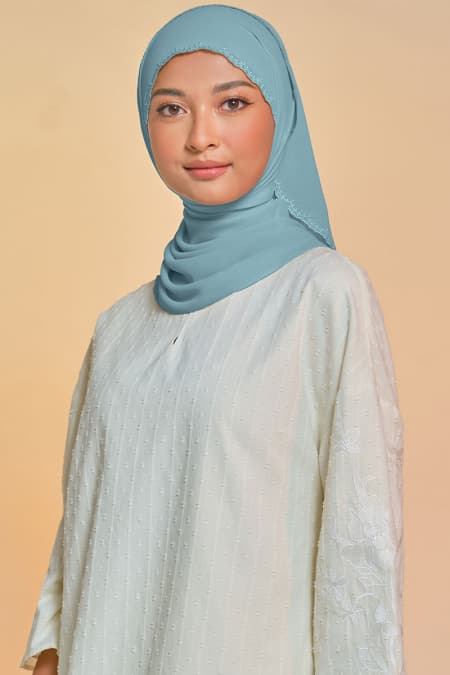 Tanuja Embroidered Scallop Headscarf - Dusty Aqua