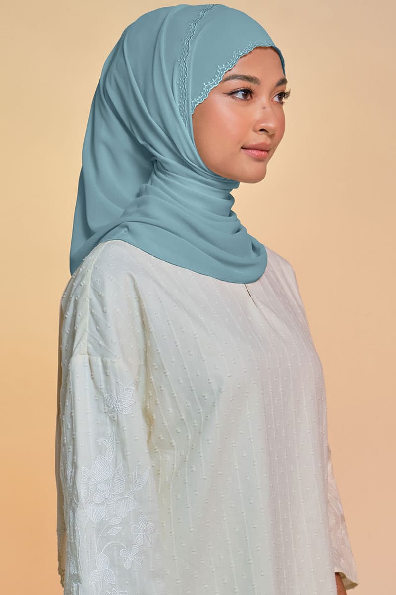 Tanuja Embroidered Scallop Headscarf - Dusty Aqua - Image 2
